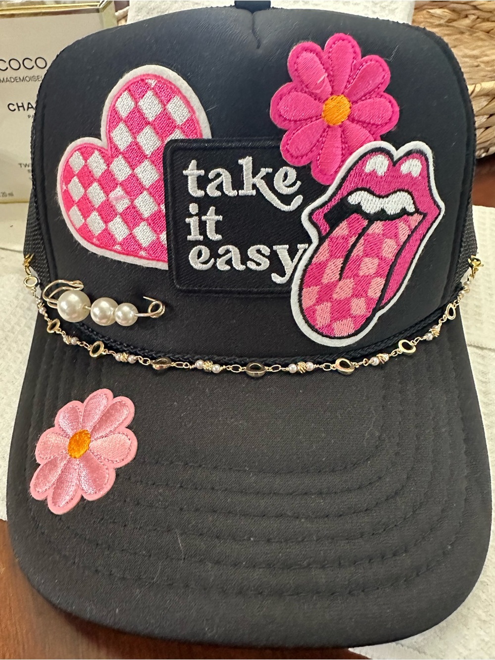 Trucker Hat – Pink Patches, Pearls & Chain
